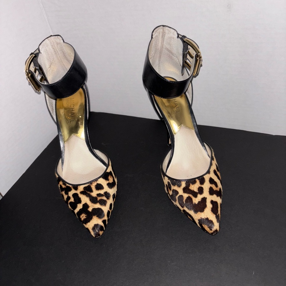 Michael Kors Black and Leopard Ankle Strap Pointed Pumps